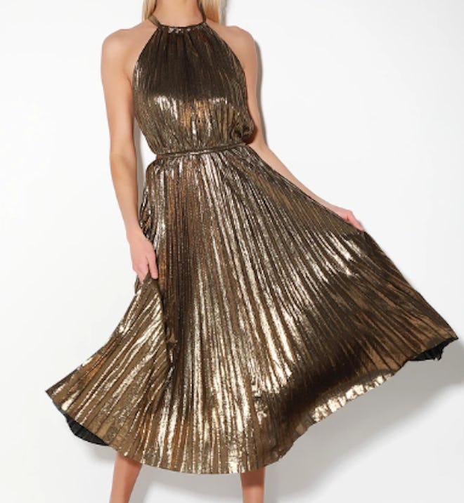 Christina Gold Pleated Halter Midi Dress