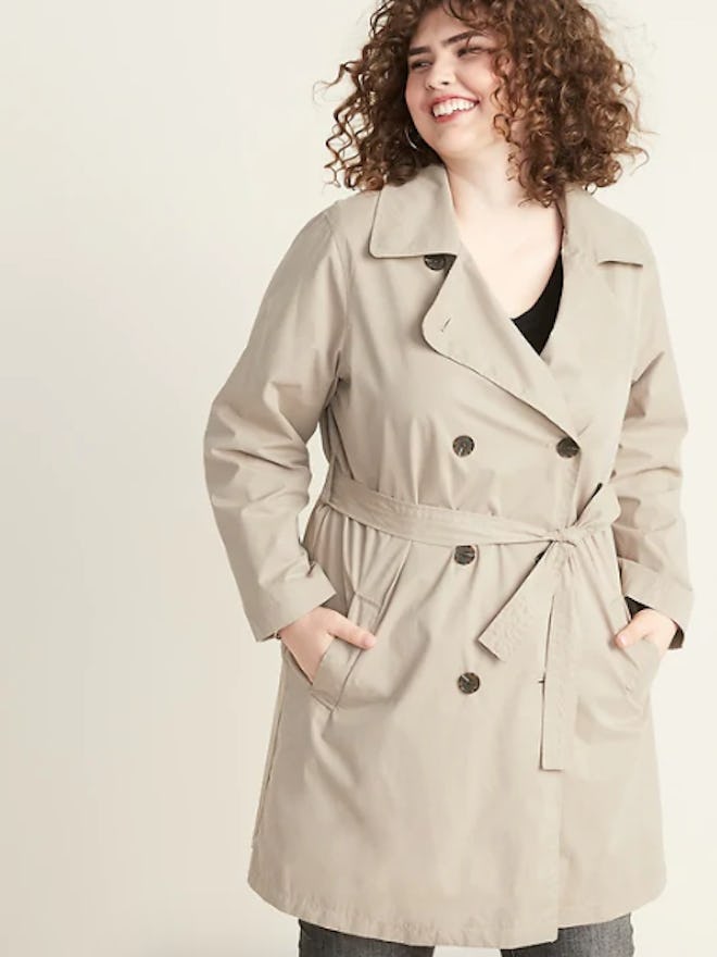 Water-Resistant Tie-Belt Plus-Size Trench Coat