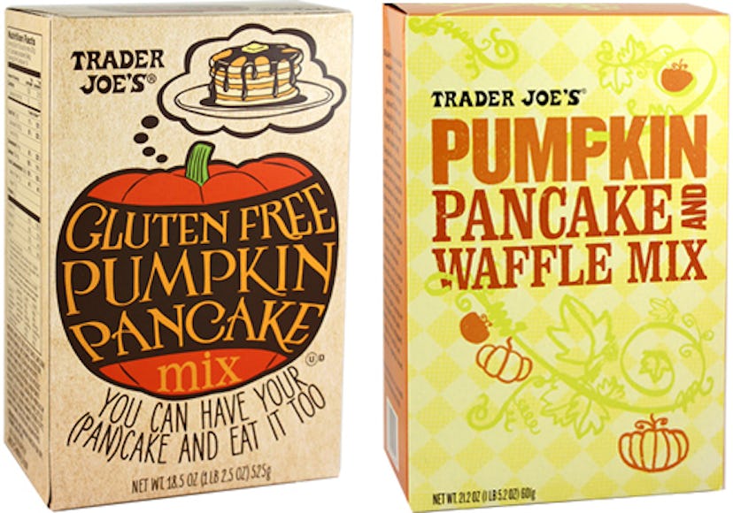 Trader Joe's Gluten-Free And Original Pumpkin Pancake And Waffle Mixes.