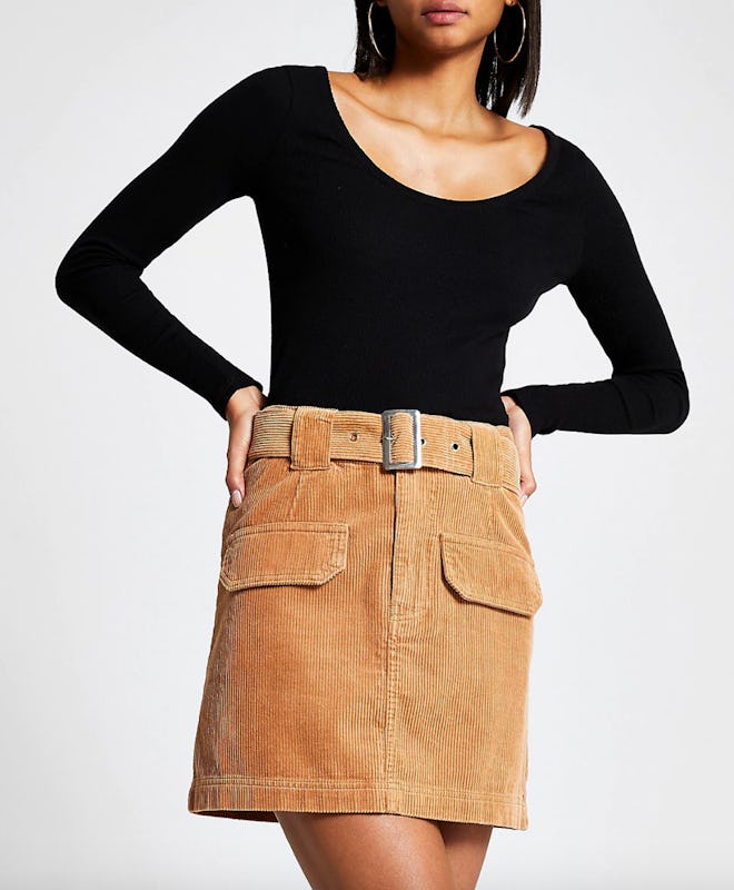 Brown Belted Cord Mini Skirt