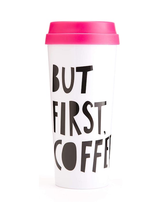 Ban.do Hot Stuff Insulated Thermal Travel Mug, 16 Ounces, But First Coffee (Pink)
