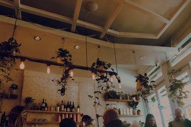The interior of The Butcher's Daughter in NYC features decorative lighting, wooden shelves with bott...