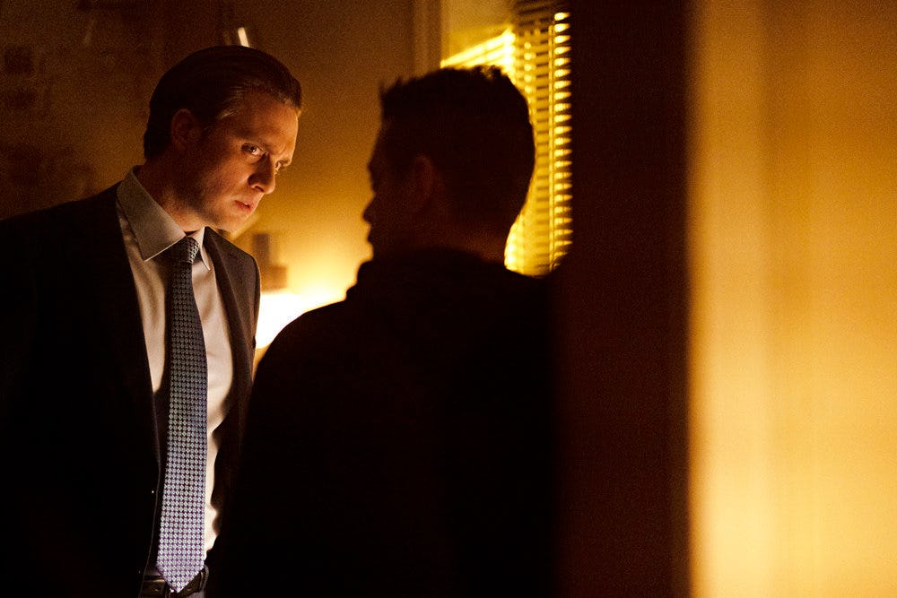 Martin Wallström as Tyrell Wellick and Rami Malek as Elliot in Mr. Robot