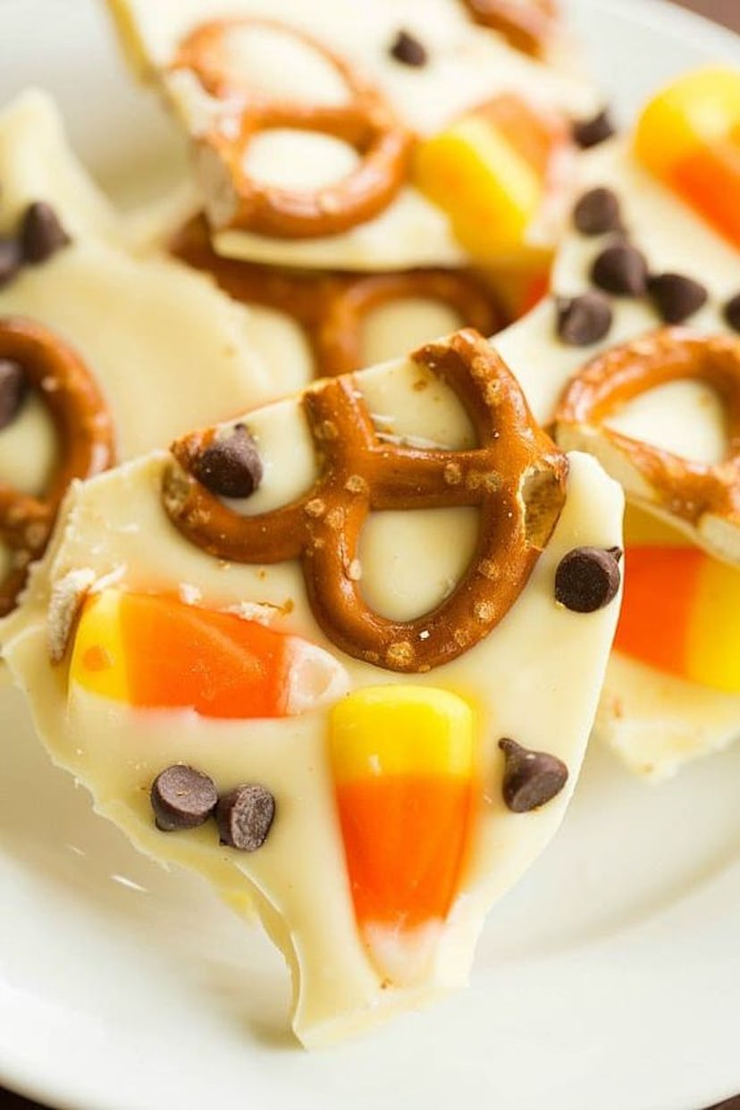 Things To Make With Leftover Halloween Candy, Candy Corn and Pretzel Chocolate Bark 