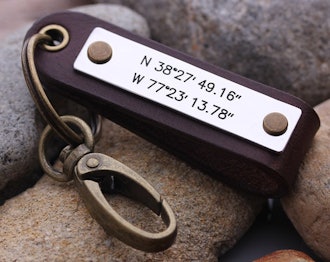 Latitude Longitude keychain - Mens GPS Leather Keychain - Leather key chain