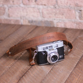 Distressed Leather Camera Strap, Personalized Custom Rustic Leather Pro DSLR Camera Holder, Brown He...