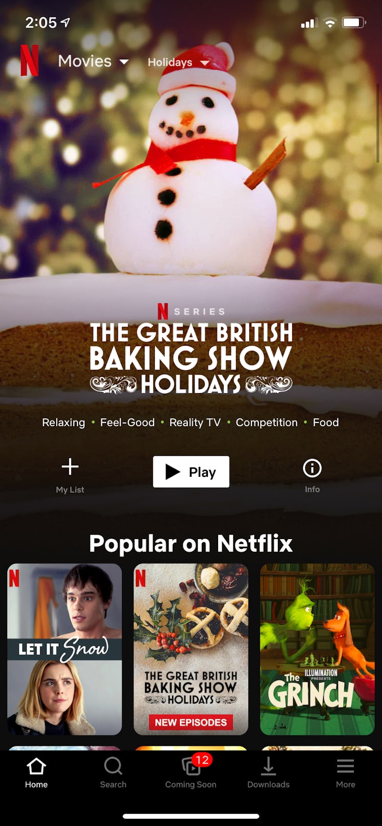 A screenshot of the Netflix app shows the holiday movies category, featuring The Great British Bakin...