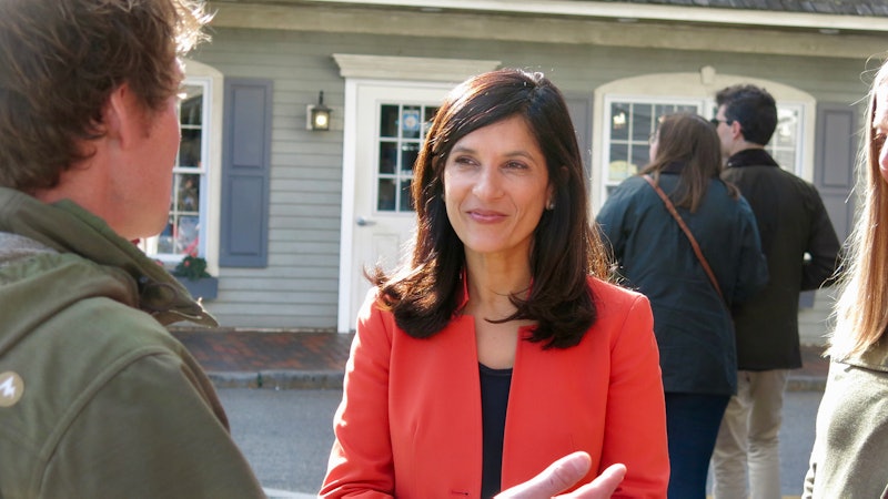 Sara Gideon, a candidate for U.S. Senate in Maine, speaks with voters.