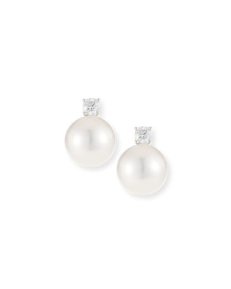 18k Diamond & White South Sea Pearl Earrings