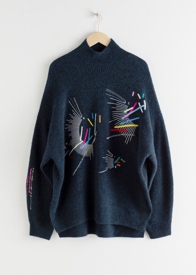 Embroidered Mock Neck Wool Blend Sweater