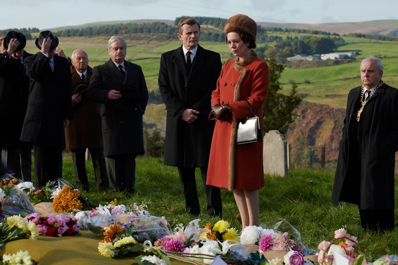 Olivia Colman as Queen Elizabeth visits Aberfan in 'The Crown' Season 3