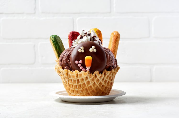 A sundae in a waffle cone that looks like a turkey is available at Vivoli il Gelato in Disney Spring...