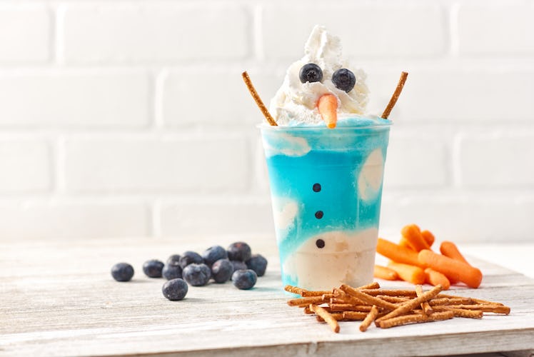 The Melting Snowman shake has pretzel arms and blueberry eyes and is available at the Vivoli il Gela...