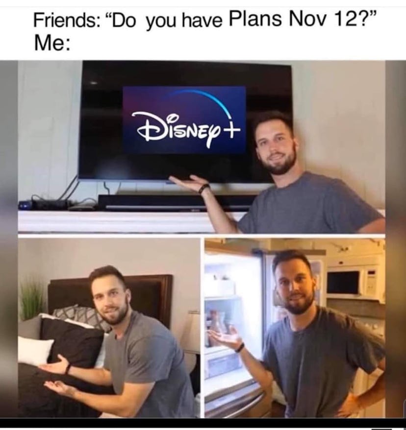 Funny Disney+ memes include describing what you'll be doing on Nov. 12.