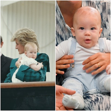 A side-by-side of Prince Harry as a baby and Baby Archie as a baby.