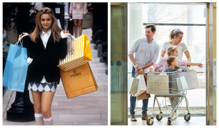 Clueless still of Cher Horowitz; family getting into elevator at mall with shopping cart