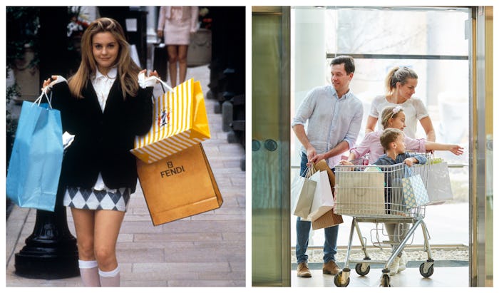 Clueless still of Cher Horowitz; family getting into elevator at mall with shopping cart