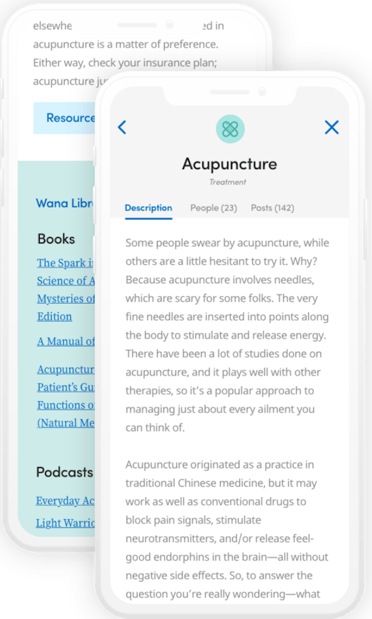 A screenshot of the Wana app's WanaLibrary that shows an informational page about acupuncture and it...