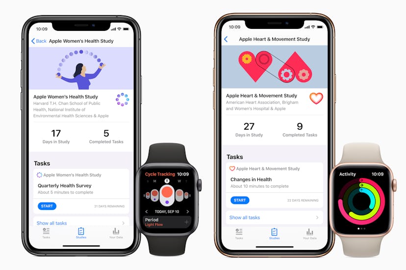 Screenshots of Apple Research App, showing the Women's Health study and the Heart and Movement study