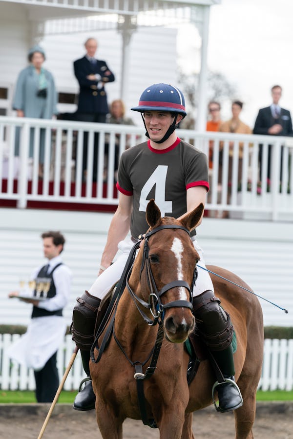 Josh O'Connor playing polo as Prince Charles on The Crown