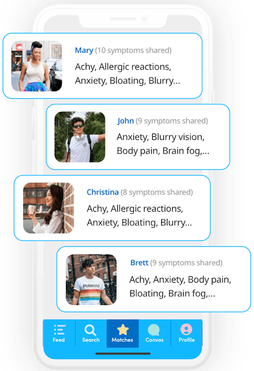 A screenshot of the Wana app which features profiles of four people who have matching symptoms. 