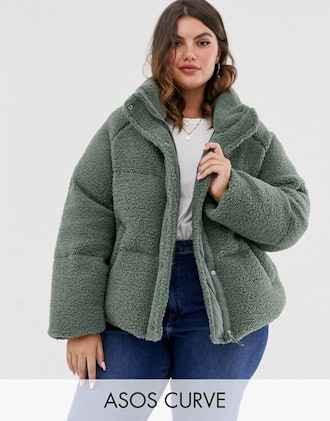 Curve fleece puffer jacket in sage
