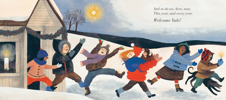 Figures run outside in The Shortest Day by Susan Cooper, illustrated by Carson Ellis