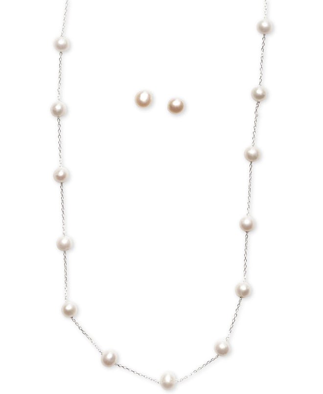 Cultured Freshwater Pearl Station Necklace and Stud Earrings Set