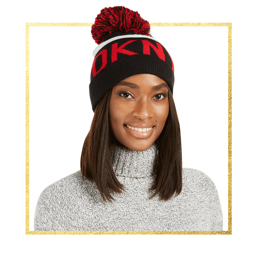 DKNY Logo Stadium Beanie With Pom