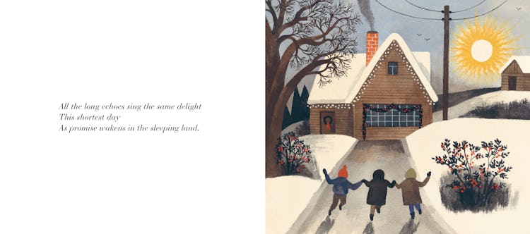 Children skip home in The Shortest Day by Susan Cooper, illustrated by Carson Ellis