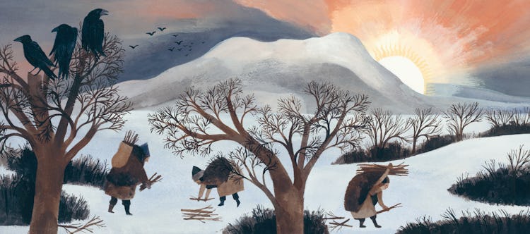 Figures collect firework in The Shortest Day by Susan Cooper, illustrated by Carson Ellis