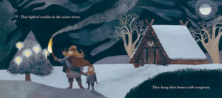 Figures light candles on trees in The Shortest Day by Susan Cooper, illustrated by Carson Ellis