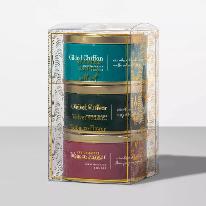 3oz 3pk Tin Jar Candle Gilded Chiffon/Velvet Vetiver/Tobacco Flower by Opalhouse