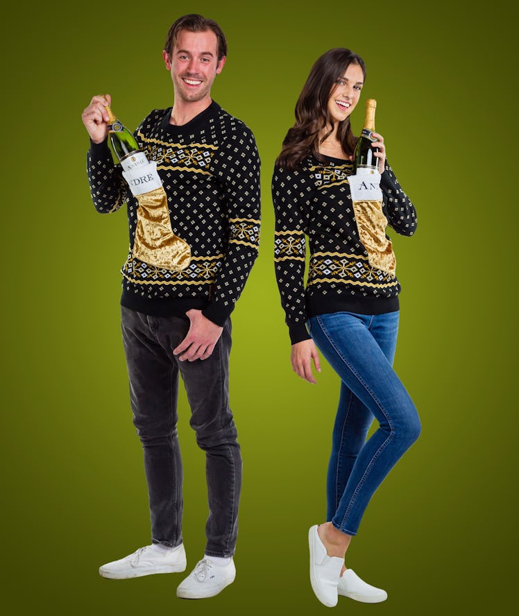 The André Champagne x Tipsy Elves 2019 Ugly Holiday Sweaters have stockings to put your bottle in.