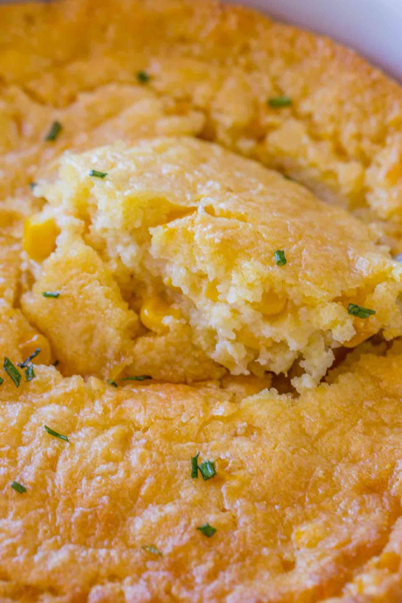 Easy Thanksgiving dishes; close up of easy corn casserole 