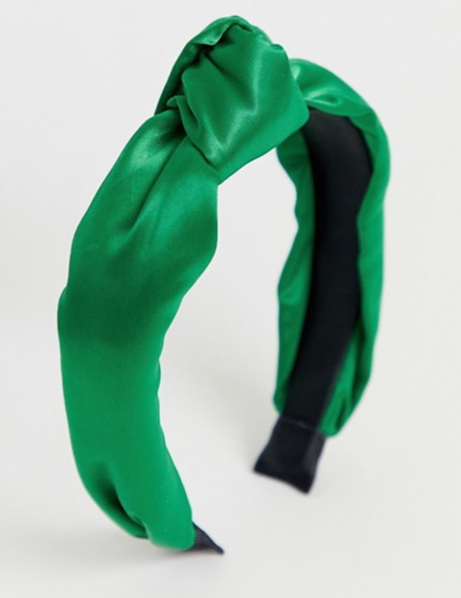 Headband with knot front in green satin