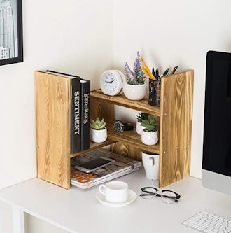 Dark Brown Wood Adjustable Desktop Storage Organizer