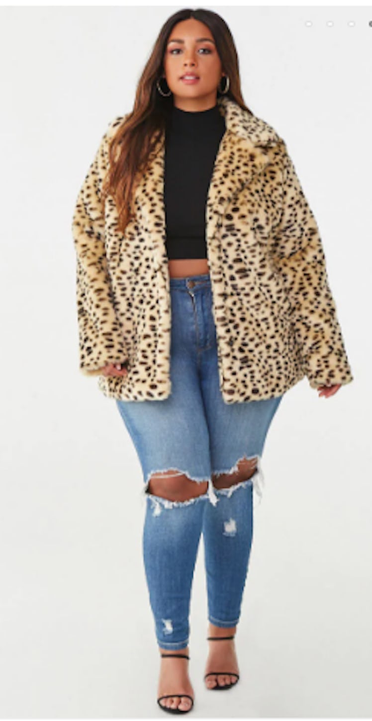 Plus Size Faux Fur Cheetah Print Coat