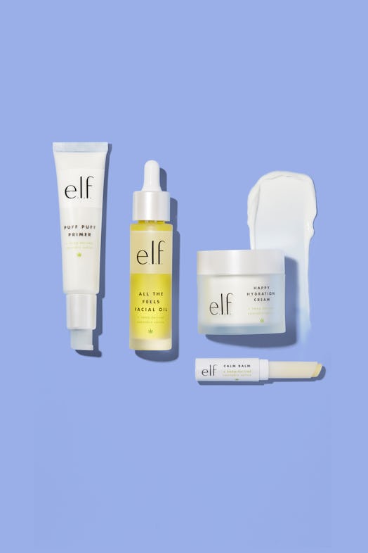 Face oil, primer, lip balm, and moisturizer from e.l.f. Cosmetics' Cannabis Sativa collection