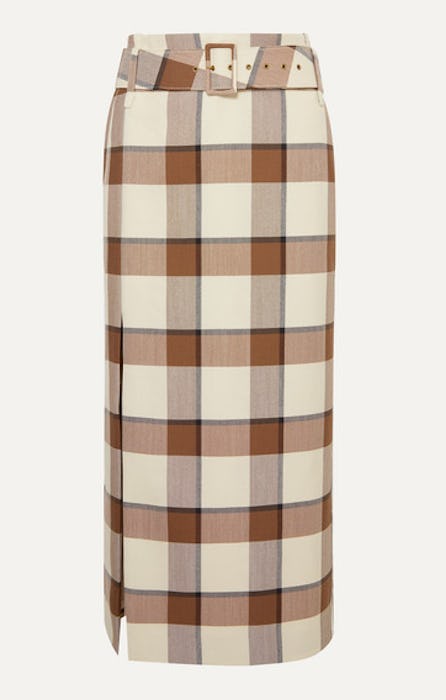 Simone belted checked wool-blend piqué midi skirt