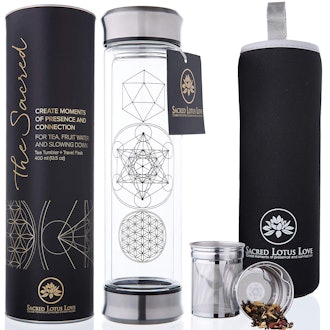 Sacred Lotus Love Glass Tea Infuser Bottle with Strainer