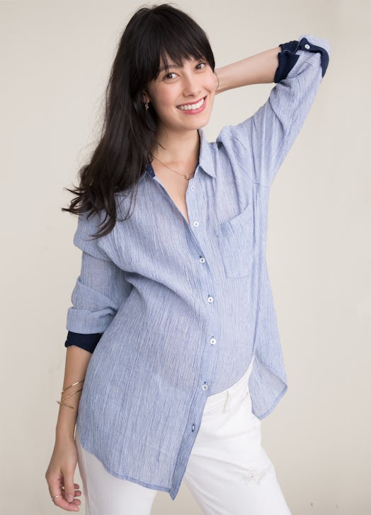 The Hatch x La Ligne Boyfriend Top is a great blue color in a soft linen.