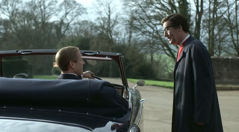 Tobias Menzies as Prince Philip and Tim McMullan as Dean Robin Woods in The Crown