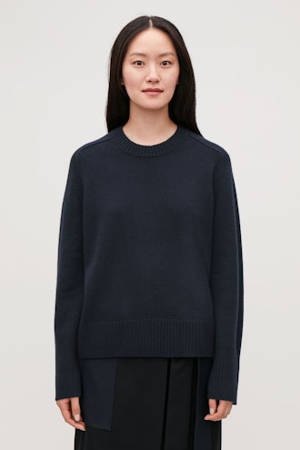 Navy Cashmere Sweater with Rib Detail