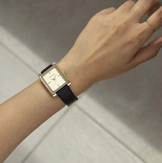 Anne Klein Gold-Tone and Black Leather Strap Watch