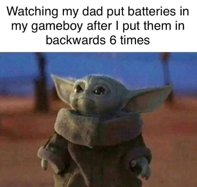 A picture of baby Yoda watching his dad screw up batteries. 