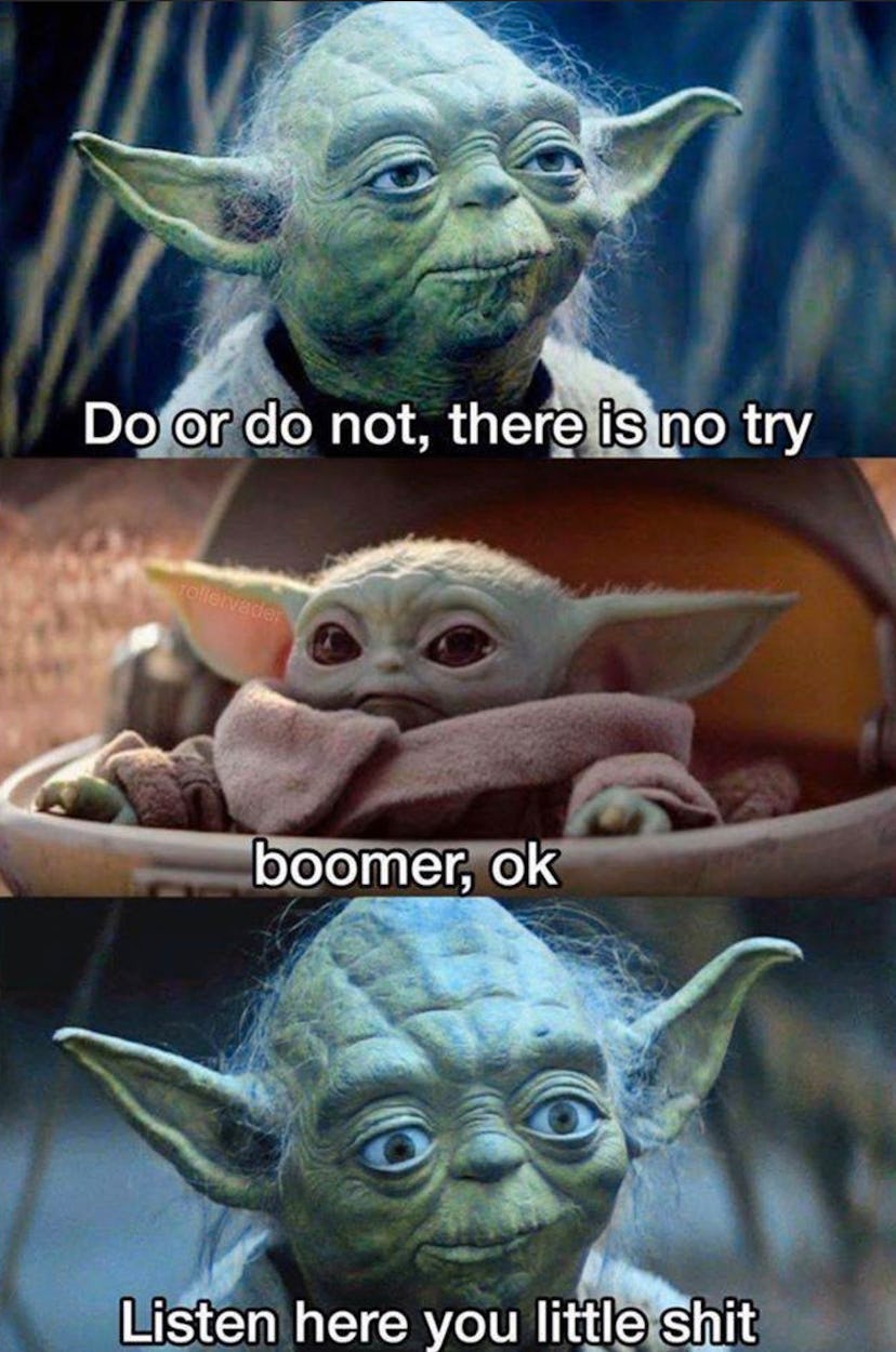 A baby Yoda meme of a snarky baby Yoda telling older Yoda "boomer, ok."