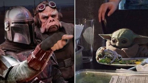 A split picture of the Mandalorian in one frame, baby Yoda super chill in the other. 