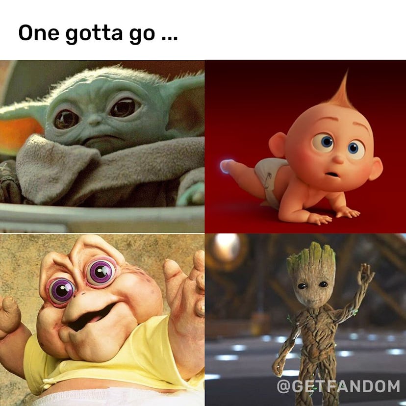 A picture of Baby Yoda, Jack Jack, The "I'm the Baby Dinosaur," and mini Groot