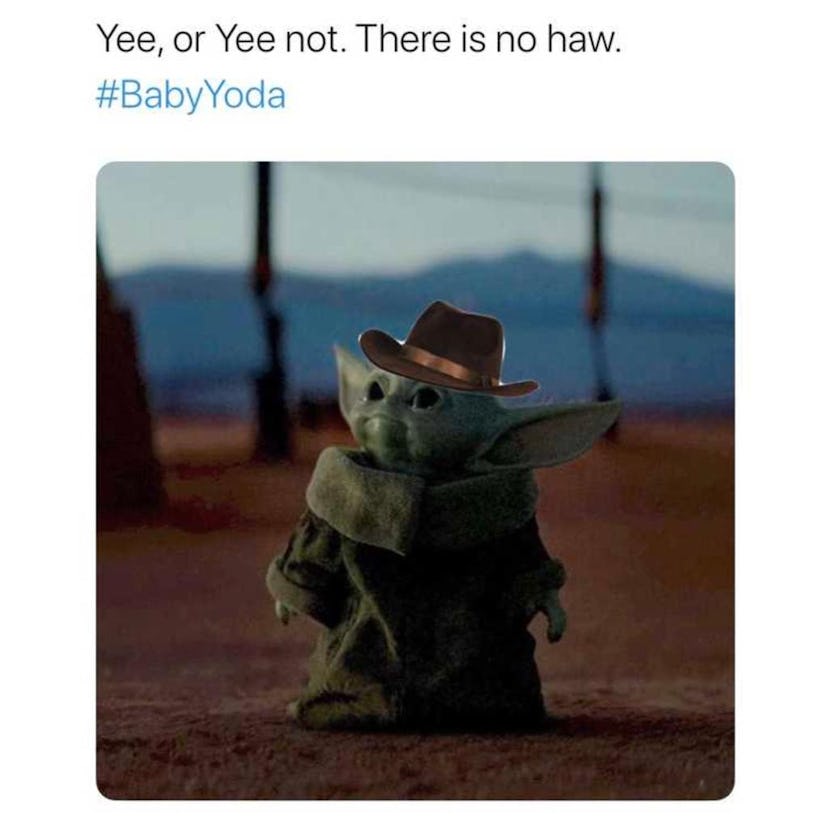 A picture of baby Yoda in a cowboy hat. 